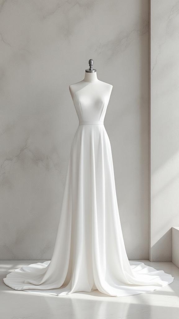 A minimalist white column wedding dress displayed on a mannequin.