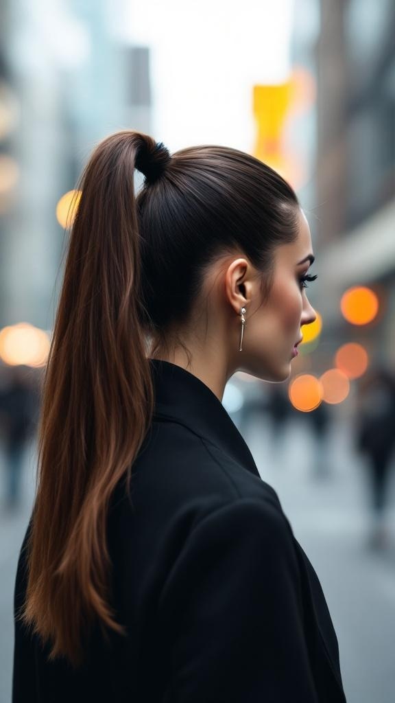 A woman with a sleek high ponytail, showcasing a polished hairstyle in an urban setting.