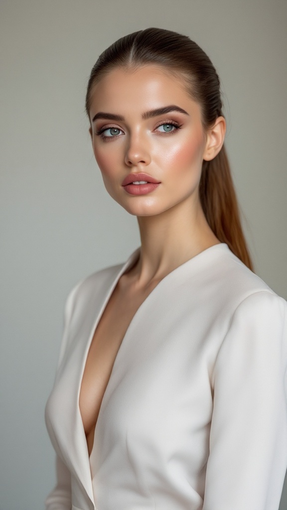 A model with a sleek high ponytail and side part, showcasing a polished hairstyle.