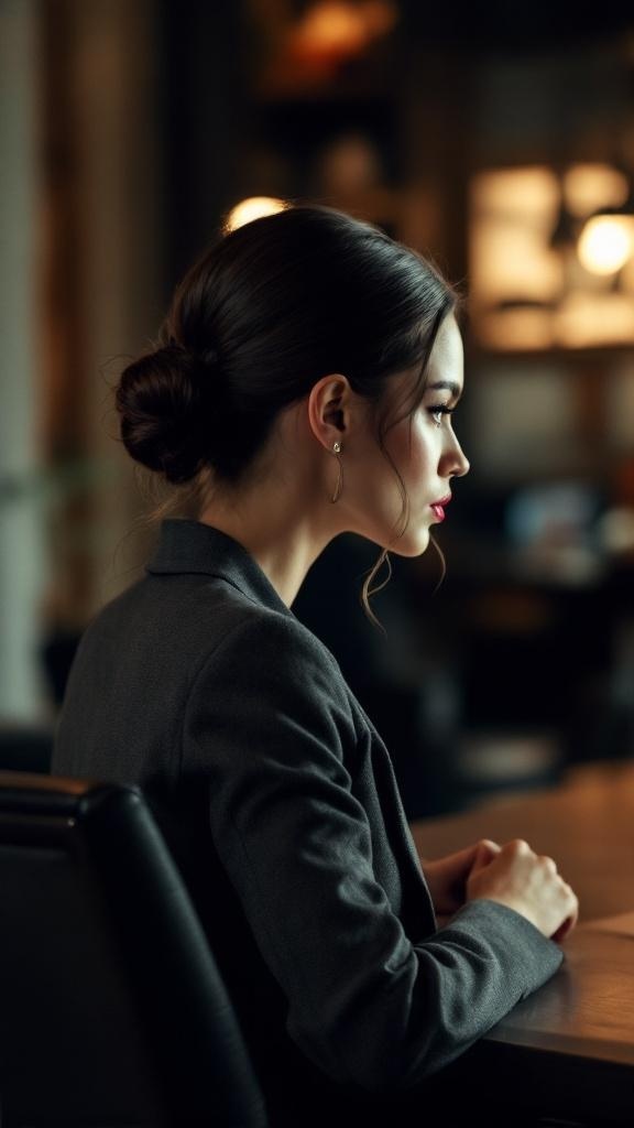 A woman with a sleek low bun hairstyle, wearing a gray blazer, sitting at a table.