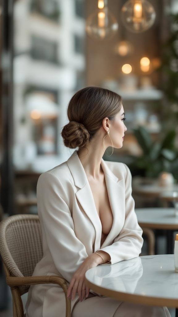 A woman with a sleek low bun hairstyle, wearing a white suit, sitting at a table in a stylish cafe.