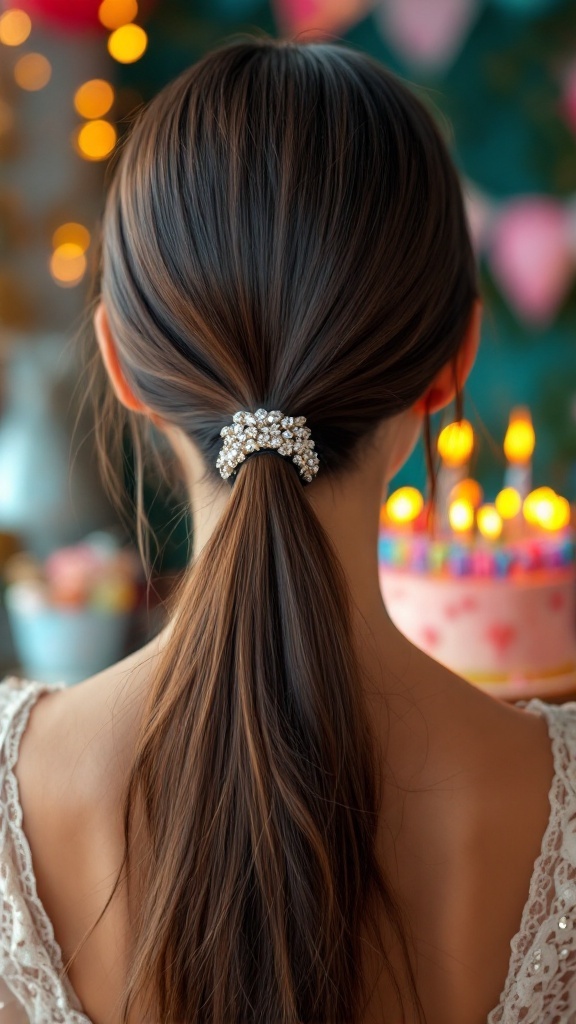 A sleek low ponytail adorned with a sparkling hair accessory.