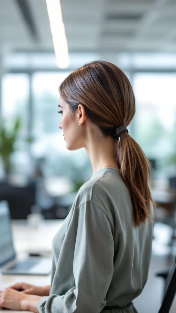 A woman with medium-length hair styled in a sleek low ponytail, seated at a desk in a modern office.