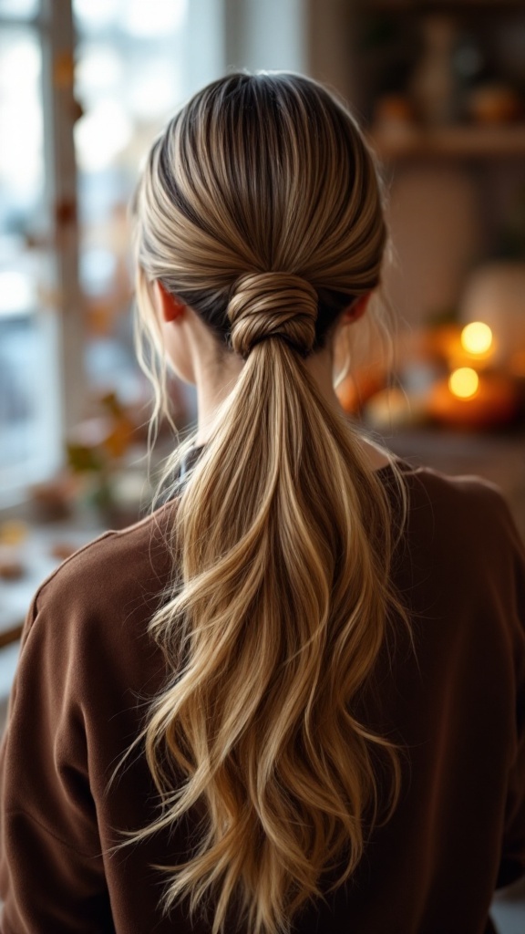 A woman with long, sleek hair styled in a low ponytail with a twist at the base.