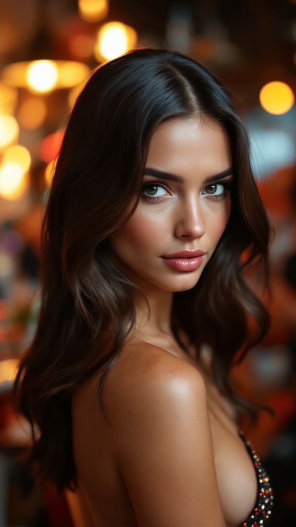 A woman with sleek, shiny hair styled in a side part, looking elegantly prepared for a celebration.