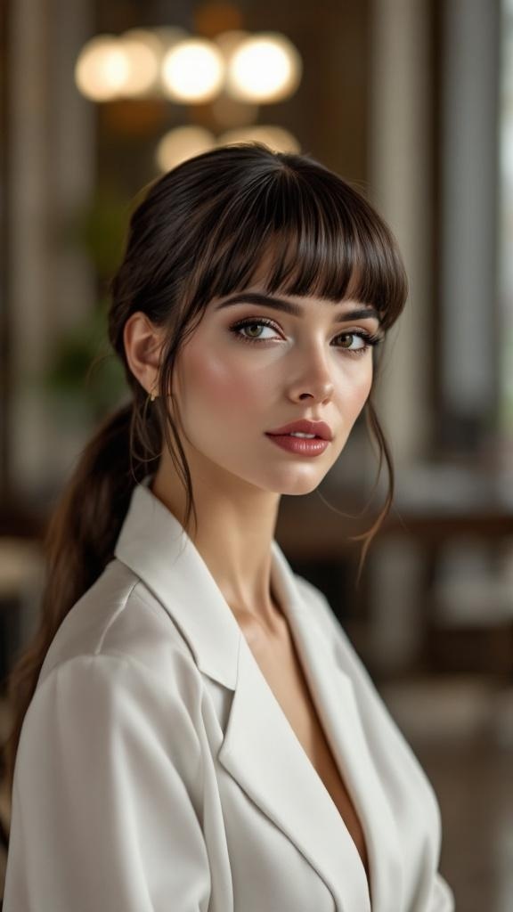 A model with sleek straight bangs and a stylish blazer, showcasing a polished look.