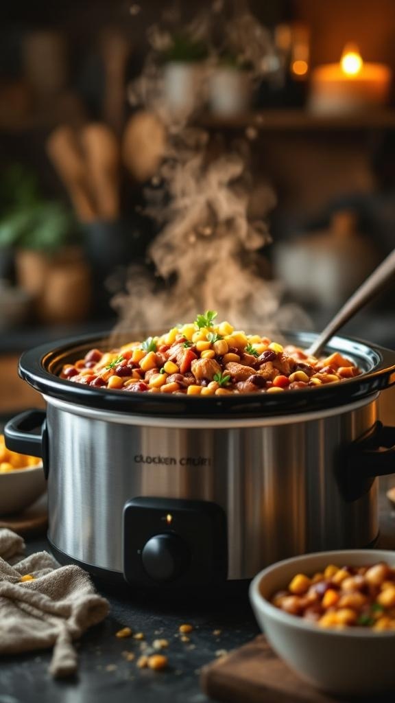A slow cooker filled with chicken chili, steam rising, surrounded by bowls of toppings.