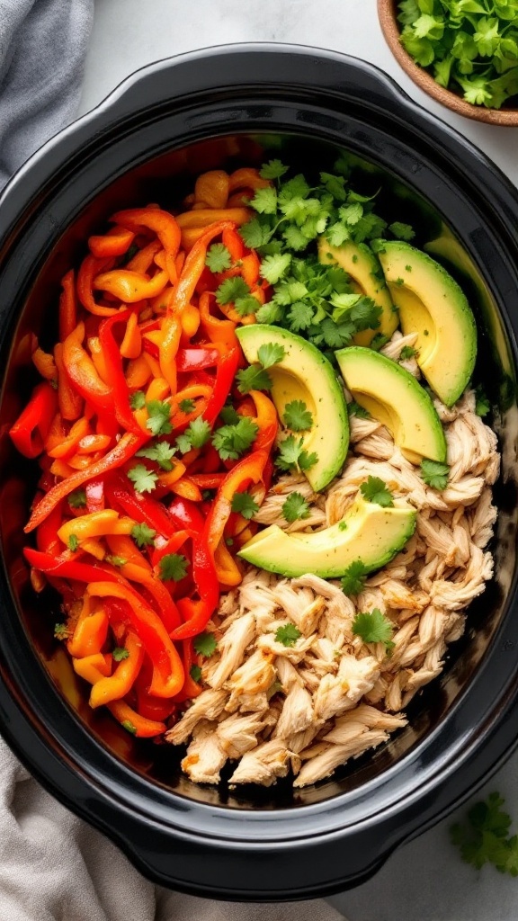 A colorful and healthy chicken fajita bowl with shredded chicken, sliced bell peppers, and avocado.