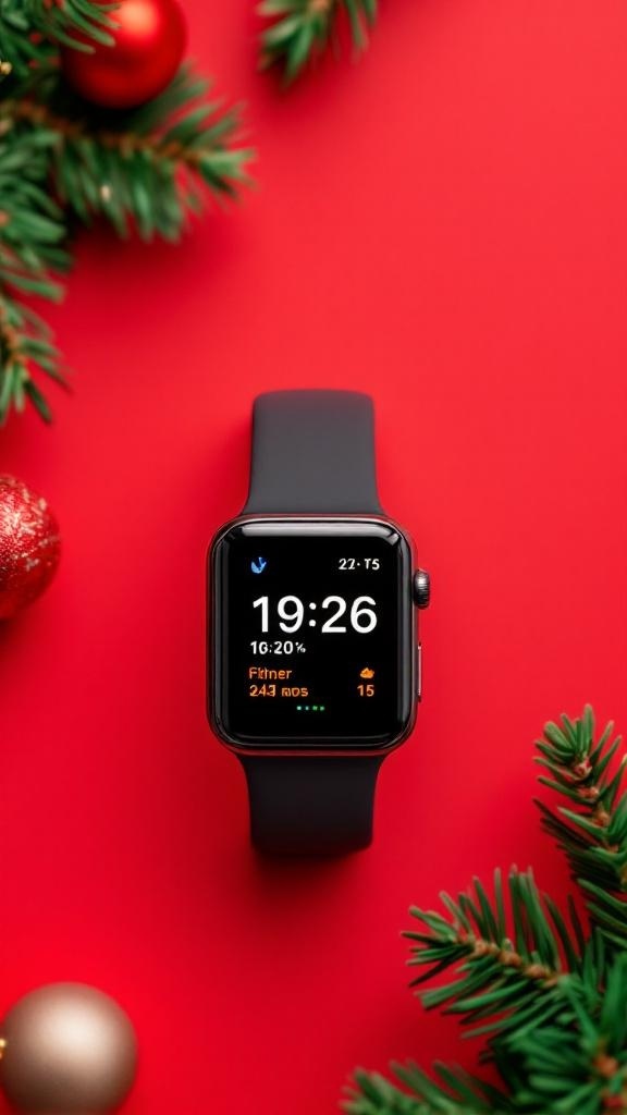 A smartwatch with fitness tracking features on a red background with Christmas decorations.