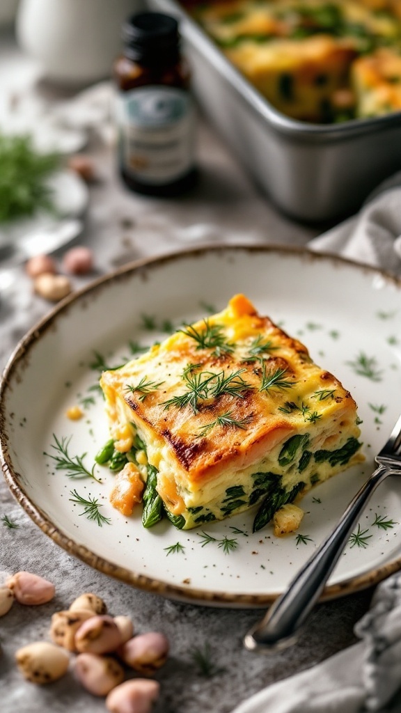 A serving of smoked salmon and asparagus casserole on a plate, garnished with fresh herbs.