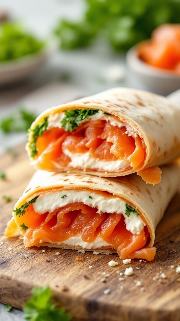 Smoked salmon and cream cheese wrap on a wooden board.