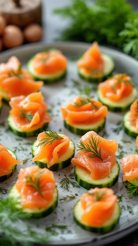 A plate of smoked salmon and cucumber bites garnished with dill.