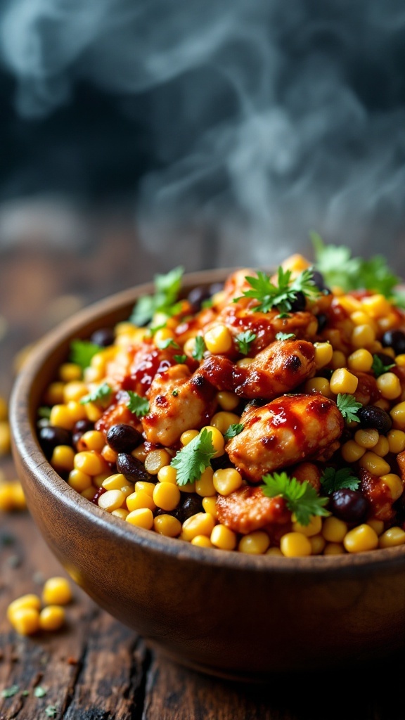 A bowl of Smoky BBQ Chicken Salad with Corn, featuring shredded chicken, corn, black beans, and garnished with cilantro.