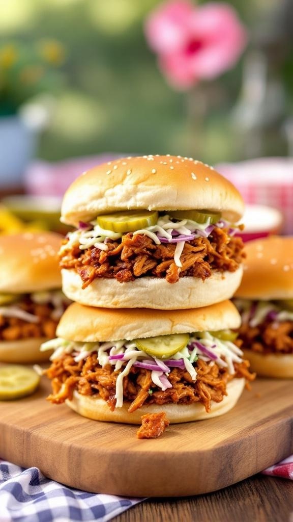 Smoky shredded chicken BBQ sandwiches with coleslaw and pickles on a wooden board.