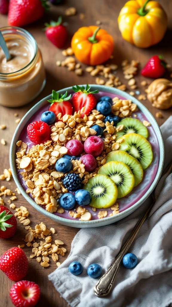 A smoothie bowl topped with fruits, granola, and almond butter