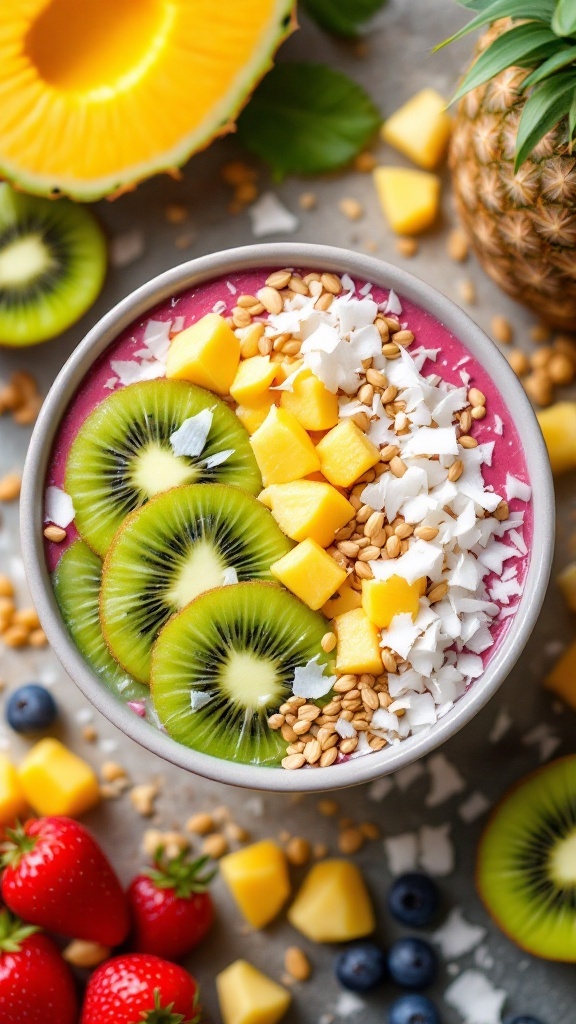 A colorful smoothie bowl topped with kiwi, mango, granola, and coconut.