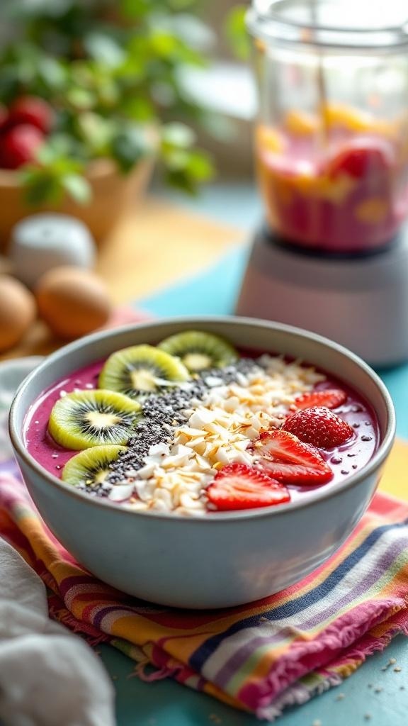 A colorful smoothie bowl topped with sliced kiwi, strawberries, chia seeds, and shredded coconut.