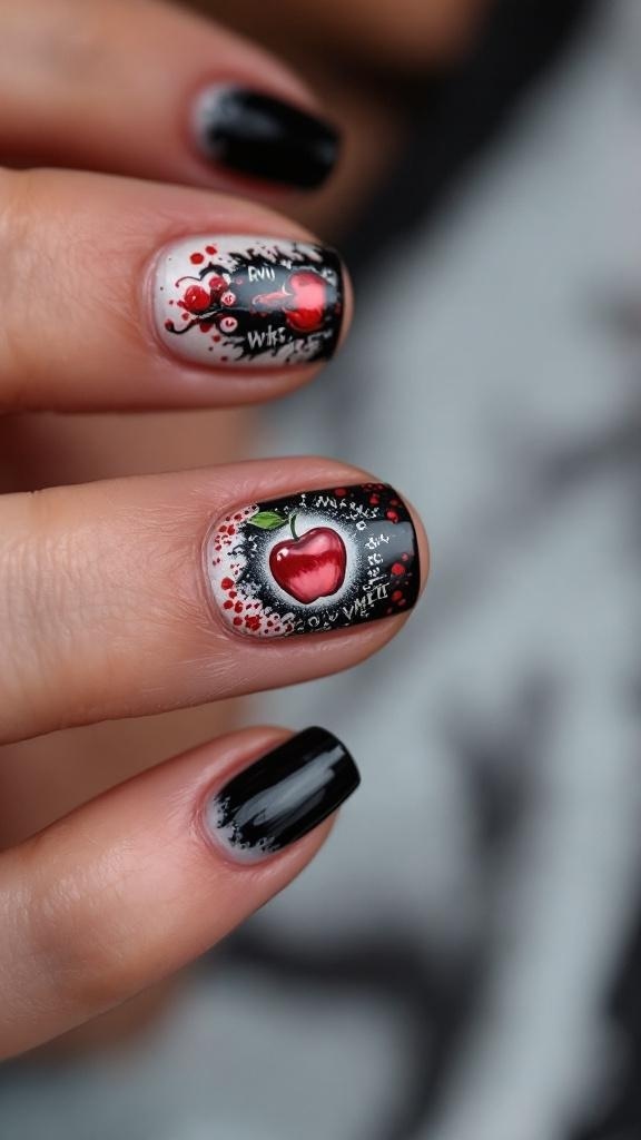 Nail design featuring Snow White's poison apple with black and red colors