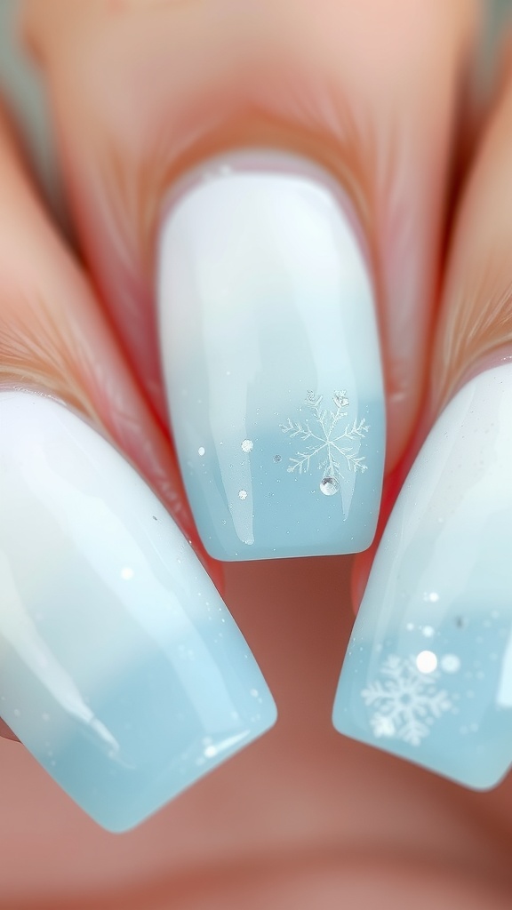 Snowy ombre nail design featuring white and icy blue colors with snowflake patterns.
