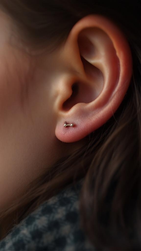 Close-up of a snug ear piercing with a curved barbell.