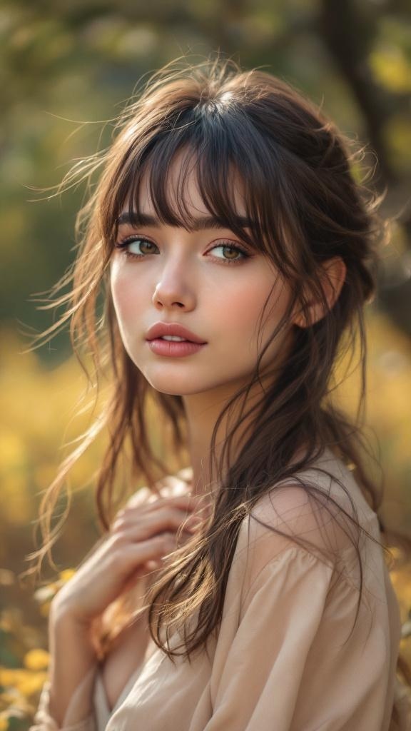 Model with soft blended curtain bangs, showcasing a natural look in a serene outdoor setting.