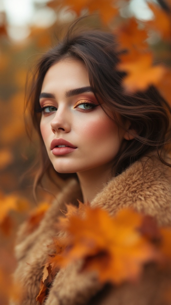 A model with soft focus makeup surrounded by autumn leaves, showcasing peachy blush and warm eyeshadow.