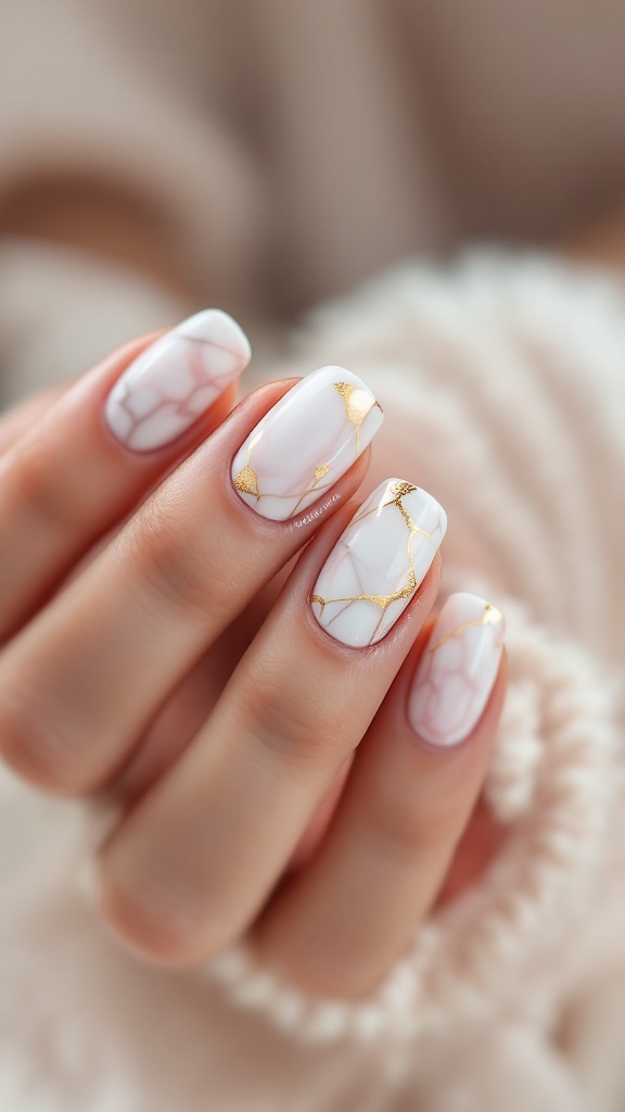 Nails featuring soft marble design with gold foil accents.