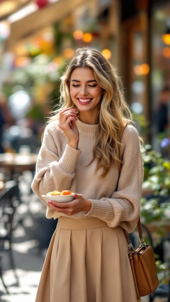 A woman smiling while holding a plate of snacks, wearing a soft sweater and an A-line skirt.
