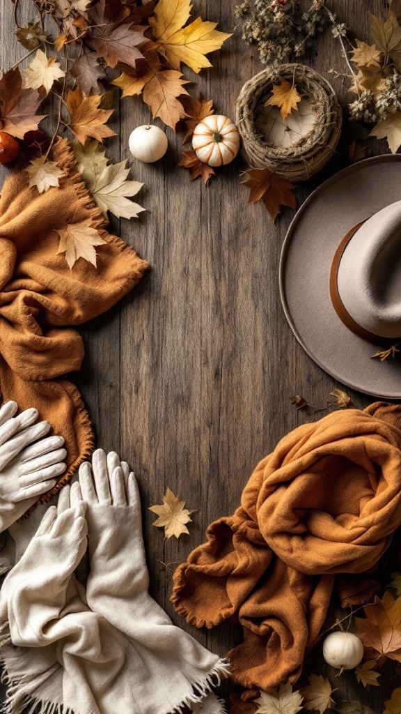 An arrangement of fall accessories including scarves, gloves, a hat, and decorative pumpkins surrounded by autumn leaves.
