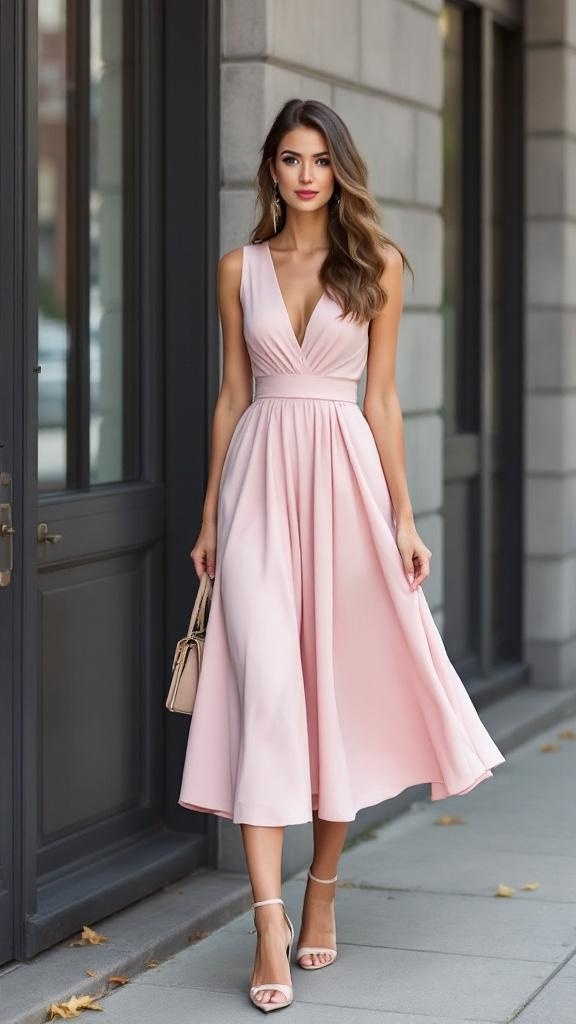 A blush midi dress hanging on a rack, showcasing its elegant design.