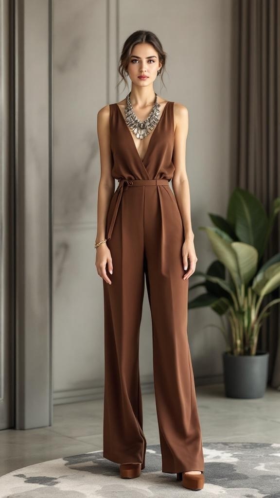 A woman wearing a sophisticated brown jumpsuit with a deep V-neck and wide legs, accessorized with a statement necklace.