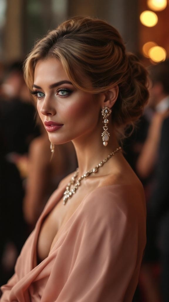 A woman with a sophisticated chignon hairstyle, wearing elegant jewelry and a soft pink dress.