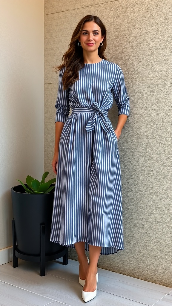 A sophisticated midi dress with a belted waist displayed on a mannequin in a stylish boutique.