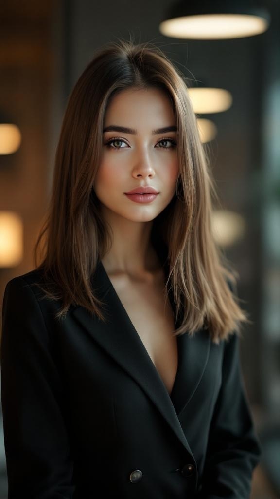 A woman with medium-length straight hair parted in the middle, wearing a black blazer.