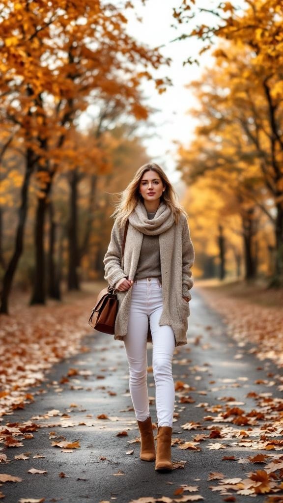 A woman wearing white jeans, a cozy sweater, and ankle boots walking on a leaf-covered path in autumn.