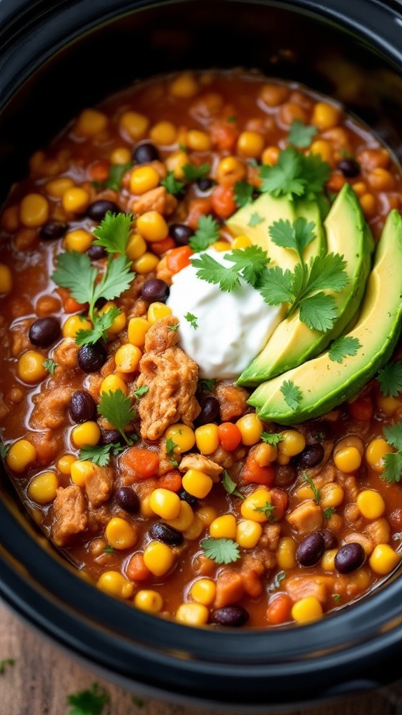 Bowl of creamy Southwest chicken chili with corn and black beans garnished with cilantro and avocado.
