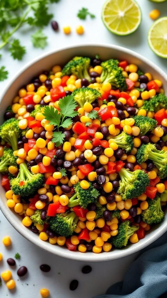 A vibrant Southwestern broccoli salad with corn, black beans, and red peppers in a bowl.