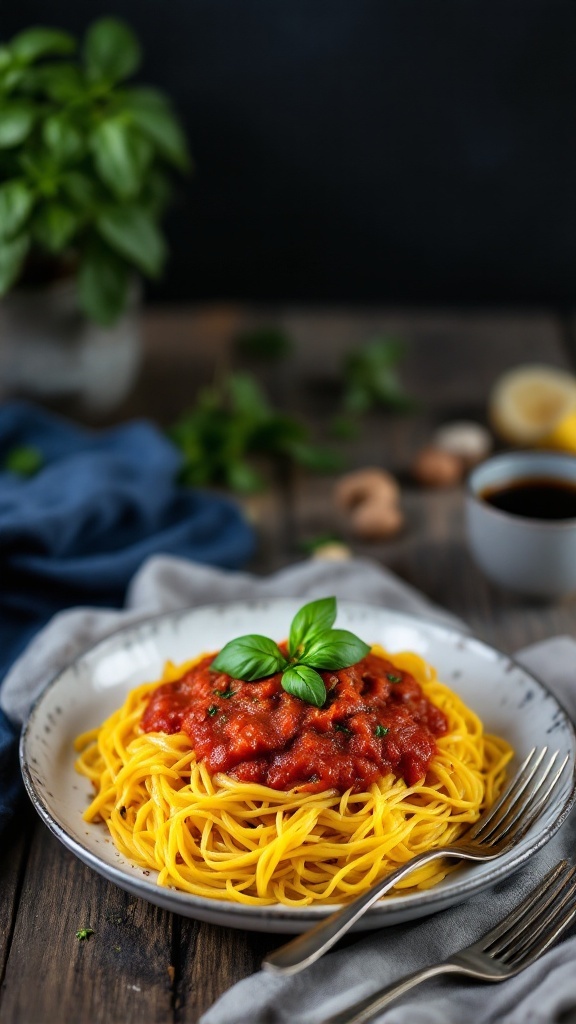 A plate of spaghetti squash topped with marinara sauce and basil