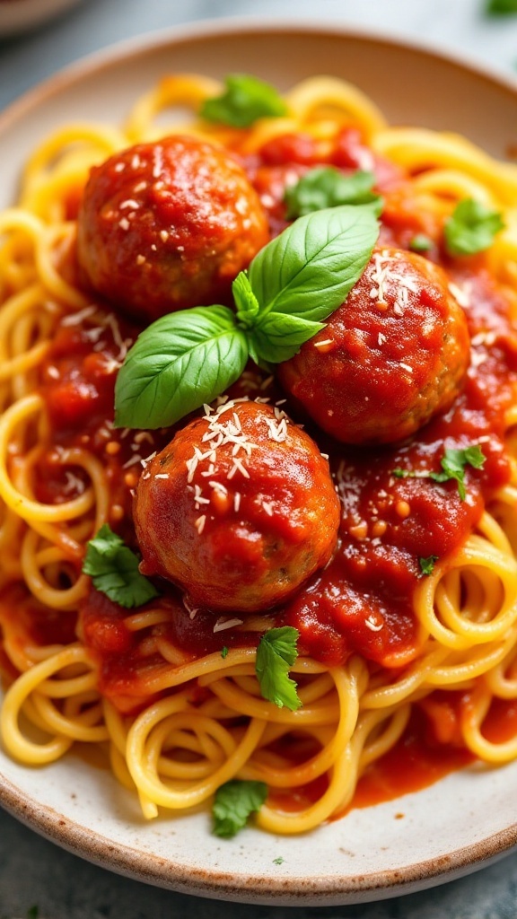 A plate of spaghetti squash topped with meatballs and marinara sauce, garnished with basil.