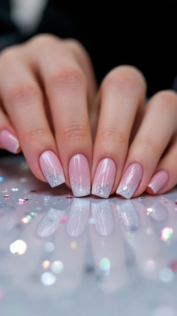 Nails with a sparkling glitter ombre effect transitioning from pink to white glitter
