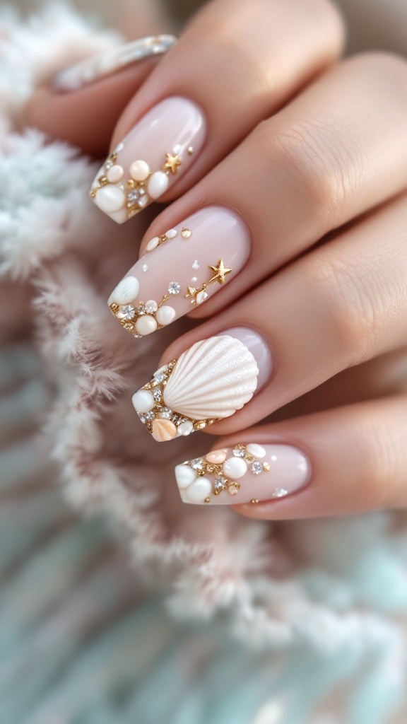A hand with beautifully manicured nails featuring seashell and pearl designs, perfect for summer.