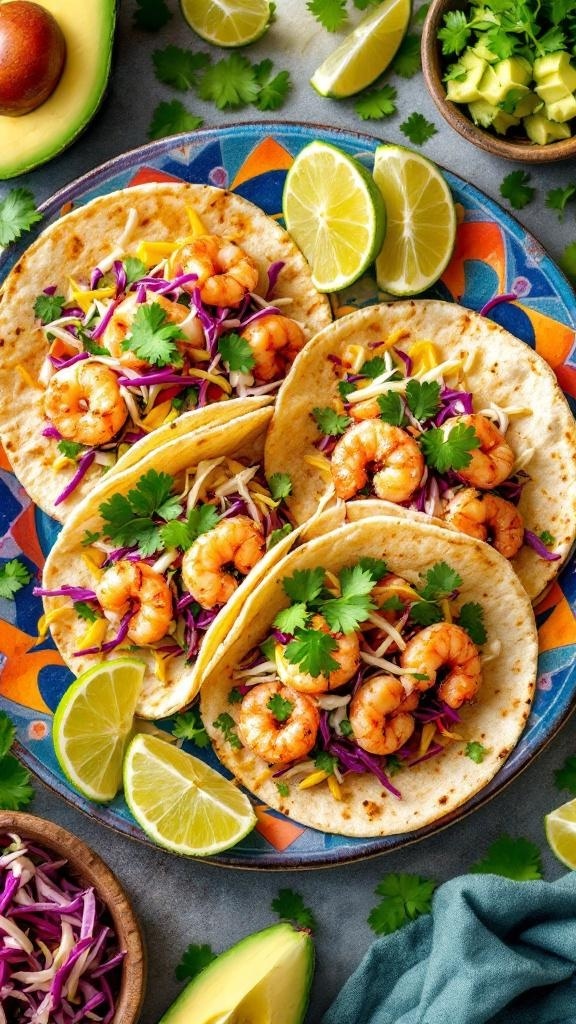Shrimp tacos with zesty slaw, garnished with lime and cilantro.