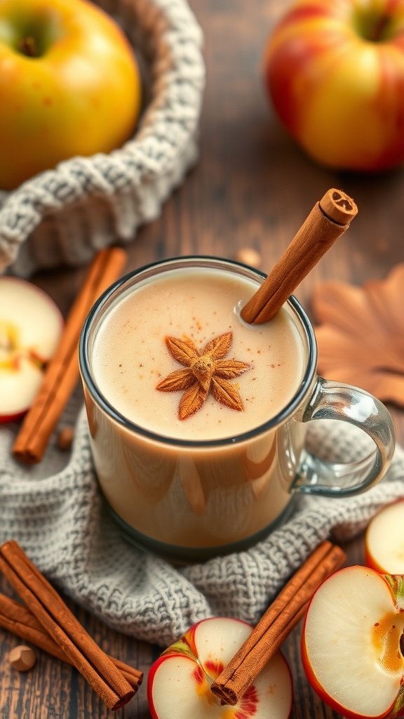 A spiced apple chai smoothie with cinnamon sticks and apple slices nearby.