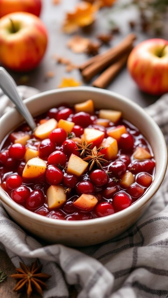 A bowl of spiced apple cranberry sauce with fresh cranberries and apple chunks, garnished with star anise.