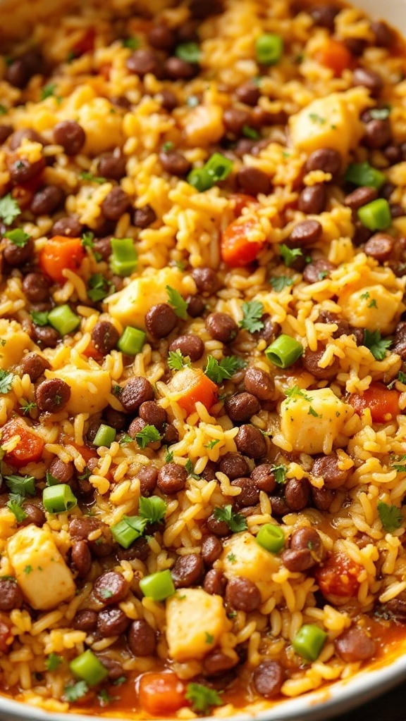 A delicious spiced lentil and rice casserole garnished with fresh herbs.