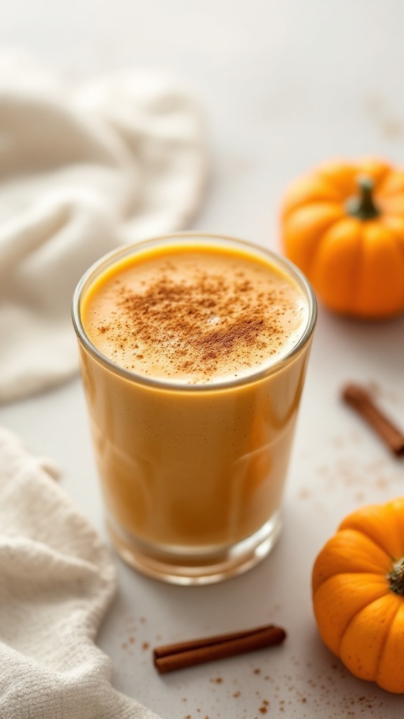 A delicious looking spiced pumpkin smoothie topped with cinnamon.