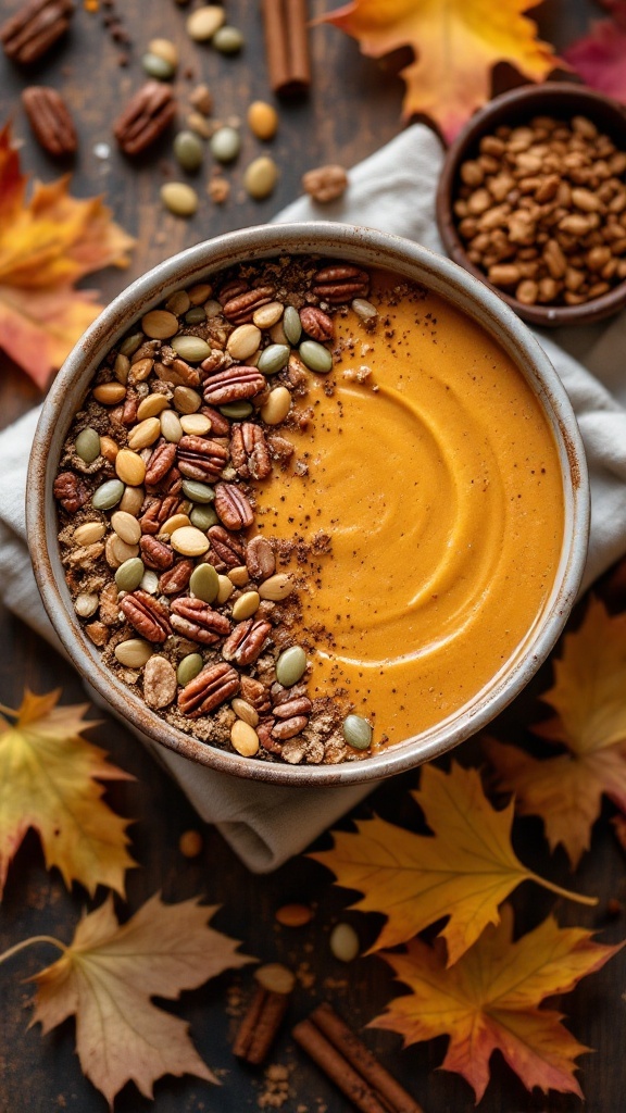 A bowl of spiced pumpkin smoothie topped with nuts and seeds, surrounded by autumn leaves.