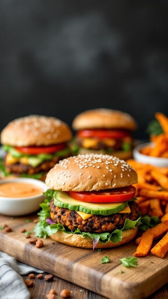 Spiced Sweet Potato and Black Bean Burgers with toppings and sweet potato fries