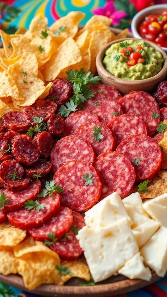 A vibrant Latin-inspired charcuterie board featuring chorizo, salami, tortilla chips, queso blanco, guacamole, and salsa.