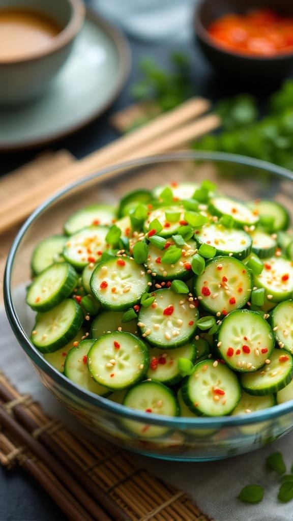 A bowl of Spicy Asian Cucumber Salad with sesame dressing, garnished with green onions and sesame seeds.